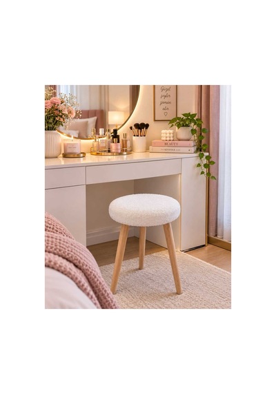 Solo Teddy Kumaş Kaplı Tabure Puf Makyaj Masası Mutfak Balkon Salon Ahşap Ayaklı Tabure Beyaz Beyaz