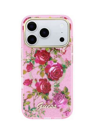 Apple iPhone 18 Pro Uyumlu Kılıf Guess Lisanslı M-safeli Gül Desenli Simli Yazı Logolu Kapak Pembe