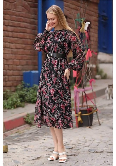 Neşeli Butik Kadın Kırmızı Kemerli Yakası Büzgülü Uzun Şifon Elbise Rssn27 Kırmızı