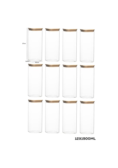 Porsima 7-4 Bambu Vakumlu Kapaklı Kare Borsilikat Cam 12li Kavanoz Seti Saklama Kabı 1900ml 9,5x27cm