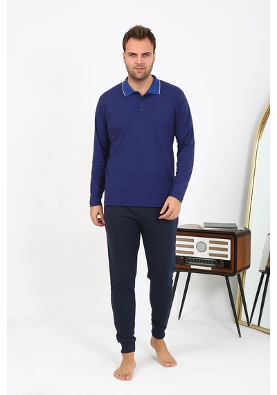 Akbeniz Erkek Polo Yaka Uzun Kol Penye Pijama Takımı Lacivert 6865 Lacivert