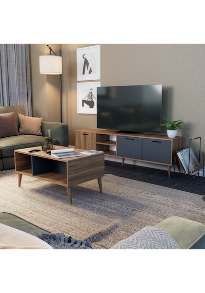 Mezza Set 1581-2070 Exxen 180 CM (AHŞAP AYAKLI) Tv Ünitesi Orta Sehpa Seti Ürgüp-Antrasit Rengi