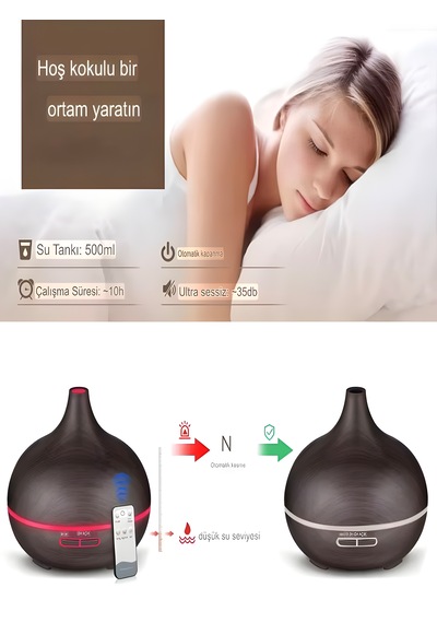 500ml Kumandalı Ahşap Desenli Aroma Difüzör Hava Nemlendirici 7 Renk Led, Rgb Işıklı