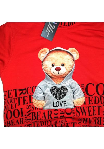 DİJİTAL  AYICIK ve YAZI BASKILI 2 İPLİK  KAPŞONLU KIZ SWEATSHIRT Kırmızı