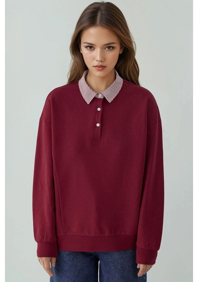 Hiccup Dokuma Garni Detaylı Oversize Polo Yaka Sweatshirt Bordo Kırmızı
