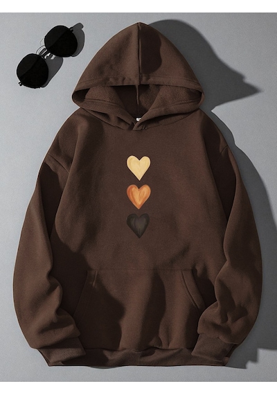 Uyguntarz Unisex Sirali Kalp Baskılı Oversize Sweatshirt Kahverengi