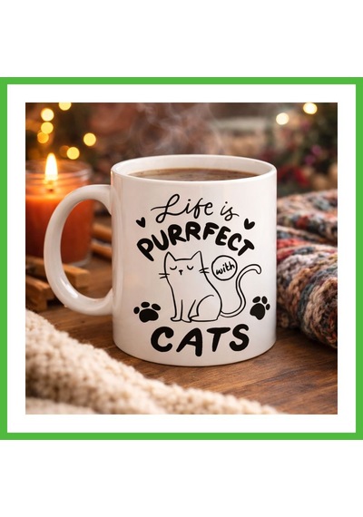 Vaveni Life İs Purrfect With Cats Kedi Desenli Porselen Kupa Model 62 Sevimli Kedi Figürlü Kahve Kupası Arz Diğer