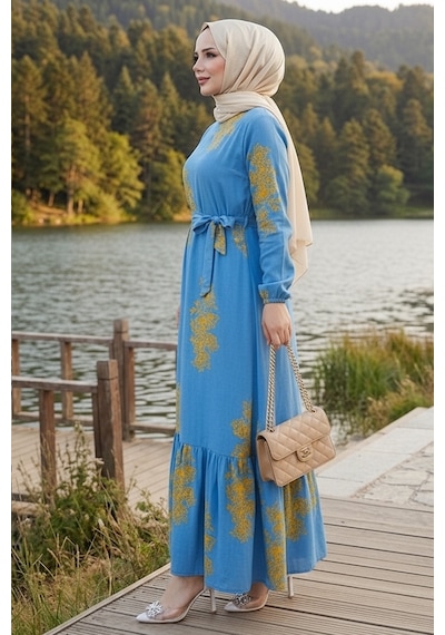 Bestenur Noyra Desenli Viskon Elbise 1722 - Mavi