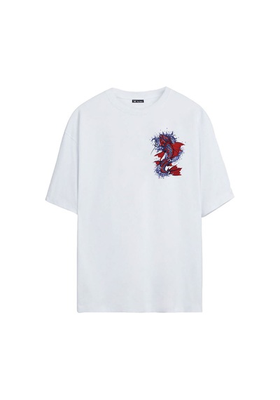 Thewert Unisex Kırmızı Ve Mavi Balık Baskılı Beyaz Oversize Tshirt