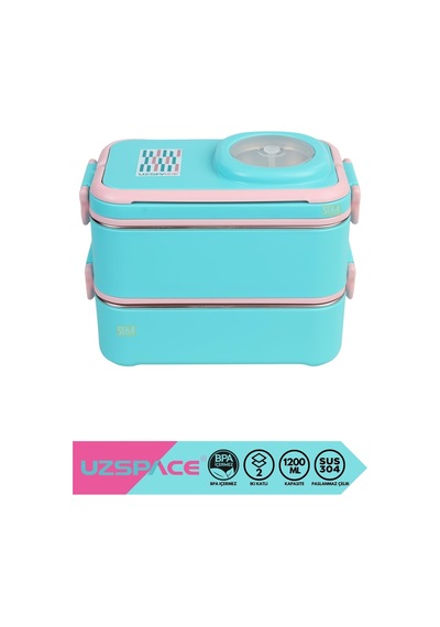 1200ml Lunchbox 2 Katlı 4 Bölmeli Mini Kaseli Çelik Sefer Tası Yemek Kutusu Turkuaz-pembe Çok Renkli