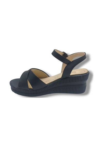 Selfie 4252-26 Cilt Çapraz Bant Dolgu Taban Fashion Kadın Sandalet 6cm Siyah