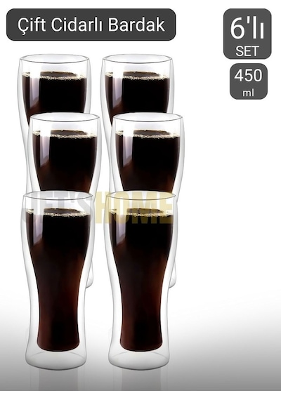 6 Lı Set Bira Bardağı Kahve Bardağı Çift Cidarlı Bardak Meşrubat Bardağı 420 Ml Şeffaf