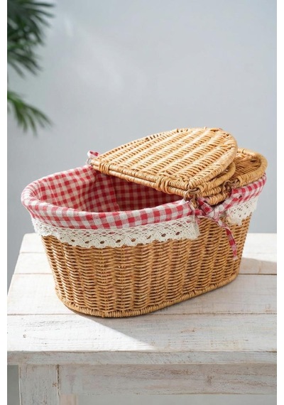 Digithome Kapaklı Rattan Vintage Dantelli Oval Piknik Sepeti -9t13 U/5 Kahverengi
