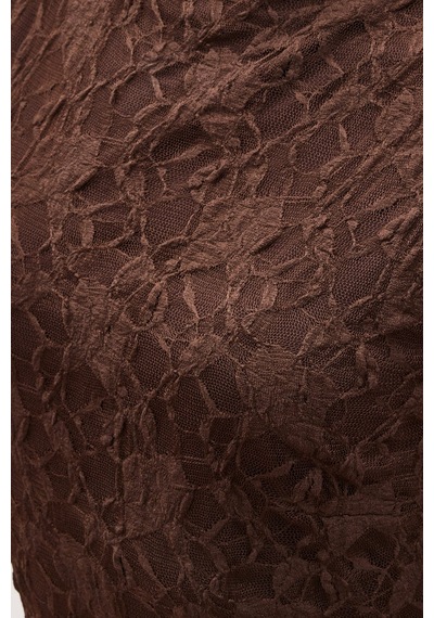 Sateen Dantel Kolsuz Elbise - Kahve-137059 Kahve