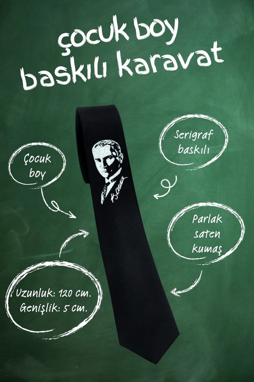 Çocuk Boy Atatürk Ve Imza Baskılı Saten Siyah Kravat - Ck-29
