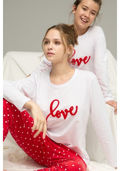 Siyah İnci Pamuklu Bisiklet Yaka Örme Pijama Takım25241148 Beyaz