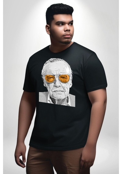 Angemiel Stan Lee Siyah Büyük Beden Erkek Kadın Unisex Basic Ön Baskılı Tişört Siyah