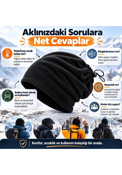 Genel Unisex Premium Polar Bere Boyunluk 2 Adet Set 2'si 1 Arada Sıcak Tutan R Siyah / Standart / 2 Adet
