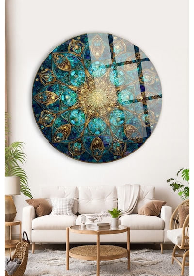 Turkuaz Zümrüt Mozaik Mandala Altın İşlemeli Cam Tablo Modern Sanat Tablosu Uv Baskılı Canlı Renkler Kafe Ve Ofis İçin Anlamlı Hediye Seçeneği