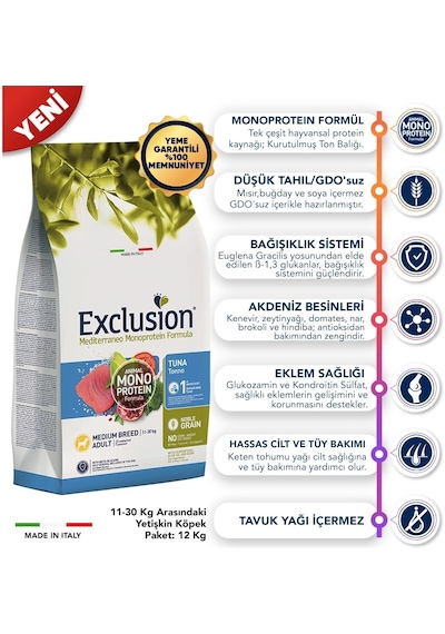 Exclusion Monoprotein Düşük Tahıllı Ton Balıklı ve Narlı Orta Irk Yetişkin Köpek Maması 12 KG