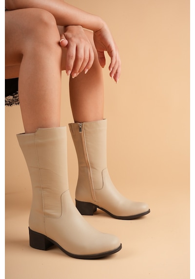 Analin Shoes Kadın Hakiki Deri Klasik Fermuarlı Çizme Bej