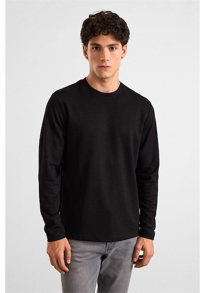Süvari Siyah Regular Düz Baskısız İnterlok Bisiklet Yaka Cepsiz Düz Sweatshirt Ssw2013700035-s09