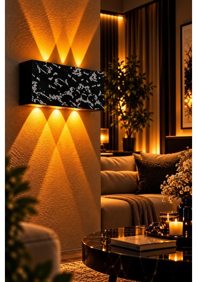 Siyah Gümüş Desenli 12w 2200k Amber Işıklı 3 Gözlü Yukarı Aşağı Dekoratif Duvar Apliği 16 Cm Amber Işık