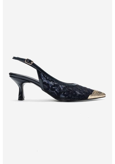 Luvi Shoes Clem Lacivert Dantel Detaylı Altın Burunlu Kadın Topuklu Ayakkabı