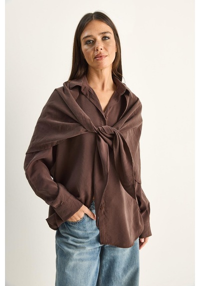 Shade Kadın Şal Aksesuarlı Oversize Modal Gömlek 340 60286164 - Kahverengi