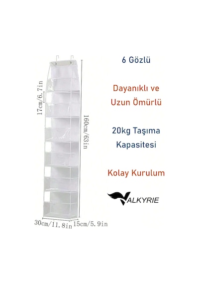 Valkyrie Kapı Arkası Organizer 6 Gözlü Askılı Dolap Düzenleyici Çok Amaçlı Kapı Arkası Raf Beyaz Beyaz