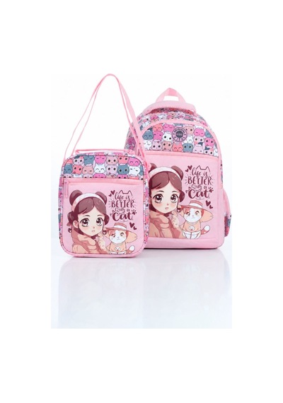 Vital Serisi Kız Çocuk Pembe Kız Desenli Beslenme Ve Okul Çantası Seti