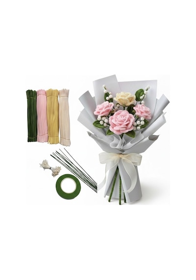 100 Adet Pastel Tonlarda Şönil Buket Çiçek Yapım Seti Kiti + Çiçek Bandı , Çiçek Teli , Tomurcuk Set