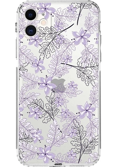 Apple Uyumlu iPhone 11kamera Korumalı Kapak Floral Lila Tasarımlı Şeffaf Kılıf