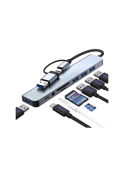 Loydia Usb C Hub, 8'i 1 Arada Usb Hub 3.0 Çok Portlu Adaptör, Usb 3.0 Bağlantı Noktaları, Sd/tf Kart Okuyucu, Usb-c Ve 3 X Usb 2.0 Veri Bağlantı Noktaları, 3,5 Mm Ses Bağlantı Noktaları, Macbook Air