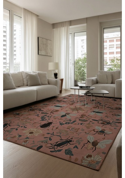 Fiora 228 Pembe Kelebek Desenli Yıkanabilir Çiçekli Halı Dokuma Taban Salon Oturma Odası Halısı Pastel Pembe