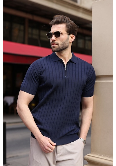 Lacivert Polo Yaka Slim Fit Triko Erkek Tişört E7465