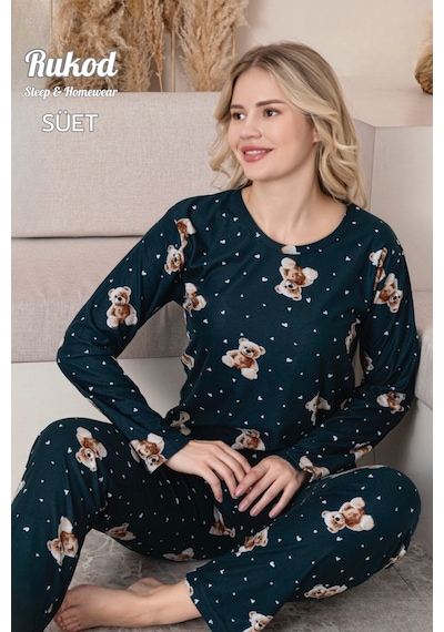 Rukod Kadın Uzun Kollu Ayıcık Desenli Bisiklet Yaka Süet Pijama Takımı Haki