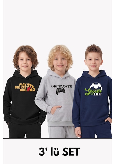 Panios Kids 3'lü Kanguru Cepli Kapüşon Detaylı Baskılı Erkek Çocuk 3 Parça Sweatshirt Gri - Siyah - Lacivert