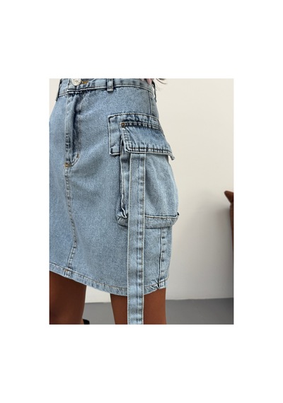 Kene Jeans Buz Kar Kapak Kuşaklı Körük Kargo Cepli Kısa Kot Etek Buz Kar