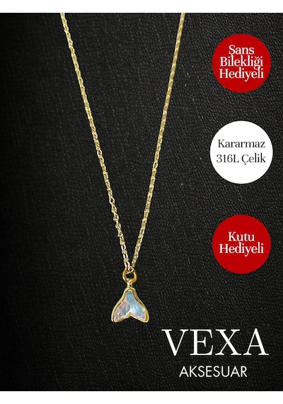 İthal Şans Ve Denge Kolyesi Balina Kuyruğu Kararmaz 316l Çelik Kolye - Özel Kutulu Ve Hediyeli Ürün Altın