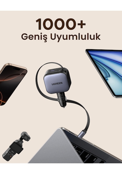 Ugreen 145w Usb-c Makaralı Dahili Kablolu Hızlı Araç Çakmaklık Şarj Cihazı, 2x Usb-c, 1x Usb-a Port, 55910b
