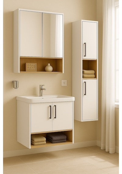 Dmz Home Concept Legna 80 Cm Beyaz-ahşap Renkli, Seramik Lavabolu, Alt - Üst Ve Boy Dolaplı Mdf Banyo Dolabı Seti