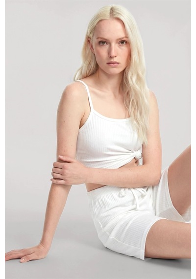 İkikareshop Kadın Ekru Askılı Ribana Şort Takım Yumuşak Dokulu Rahat Günlük Ev Giyim Seti Çok Renkli