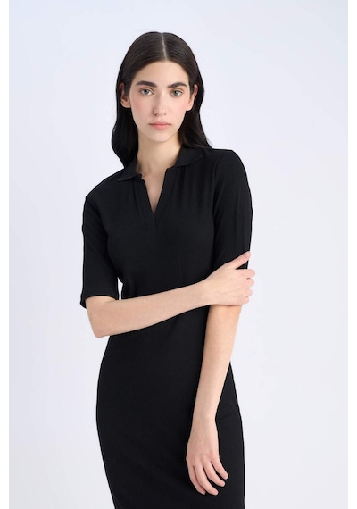DeFacto Bodycon Vücudu Saran Polo Yaka Fitilli Kaşkorse Kısa Kollu Midi Elbise E6806AX25SPBK27