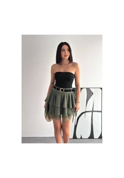 Gugus Kadın Mini Boy Tül/dantel Detaylı Beli Kemerli Volanlı Etek Haki