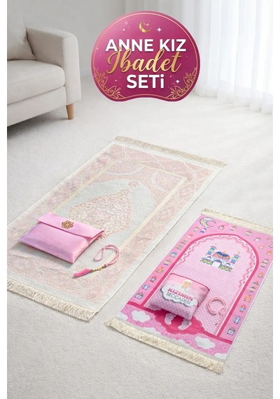Anne Ve Kız Çocuk İbadet Seti - Tesbihli, Çantalı, Seccade Seti Pembe