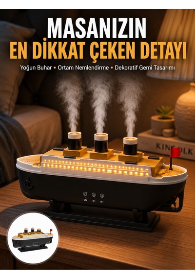 7 Renk Işıklı Dekoratif Gemi Tasarım Hava Nemlendirici Difüzör Yeni Nesil - Lisinya