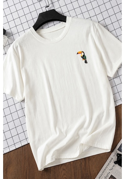 Spoyi Tropik Tukan Tasarımlı %100 Pamuk Yarım Oversize Beyaz T-shirt