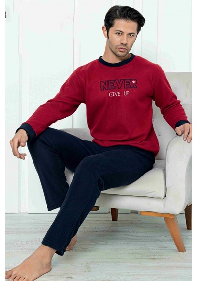 Wordex Falkom 7203 Yazılı Nakışlı Polar Kışlık Erkek Pijama Takımı Uyku Takımı Bordo