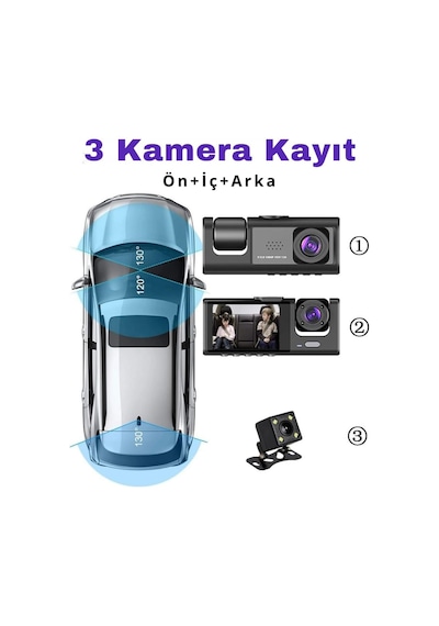 Daytona A98 Balckbox Dvr Wifi Full Hd 1080p 3 Kameralı Araç İçi Güvenlik Kamerası + Park Modu Kablosu Ön-arka-i